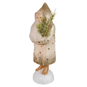 A glittery gold and cream winter blush belsnickle figurine by bethany lowe designs holding greenery with textured coat