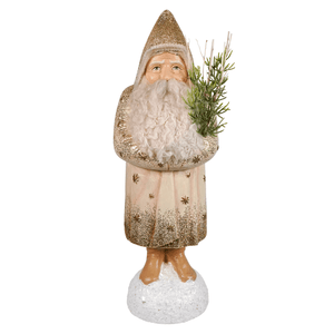A glittery gold and cream winter blush belsnickle figurine by bethany lowe designs holding an evergreen branch