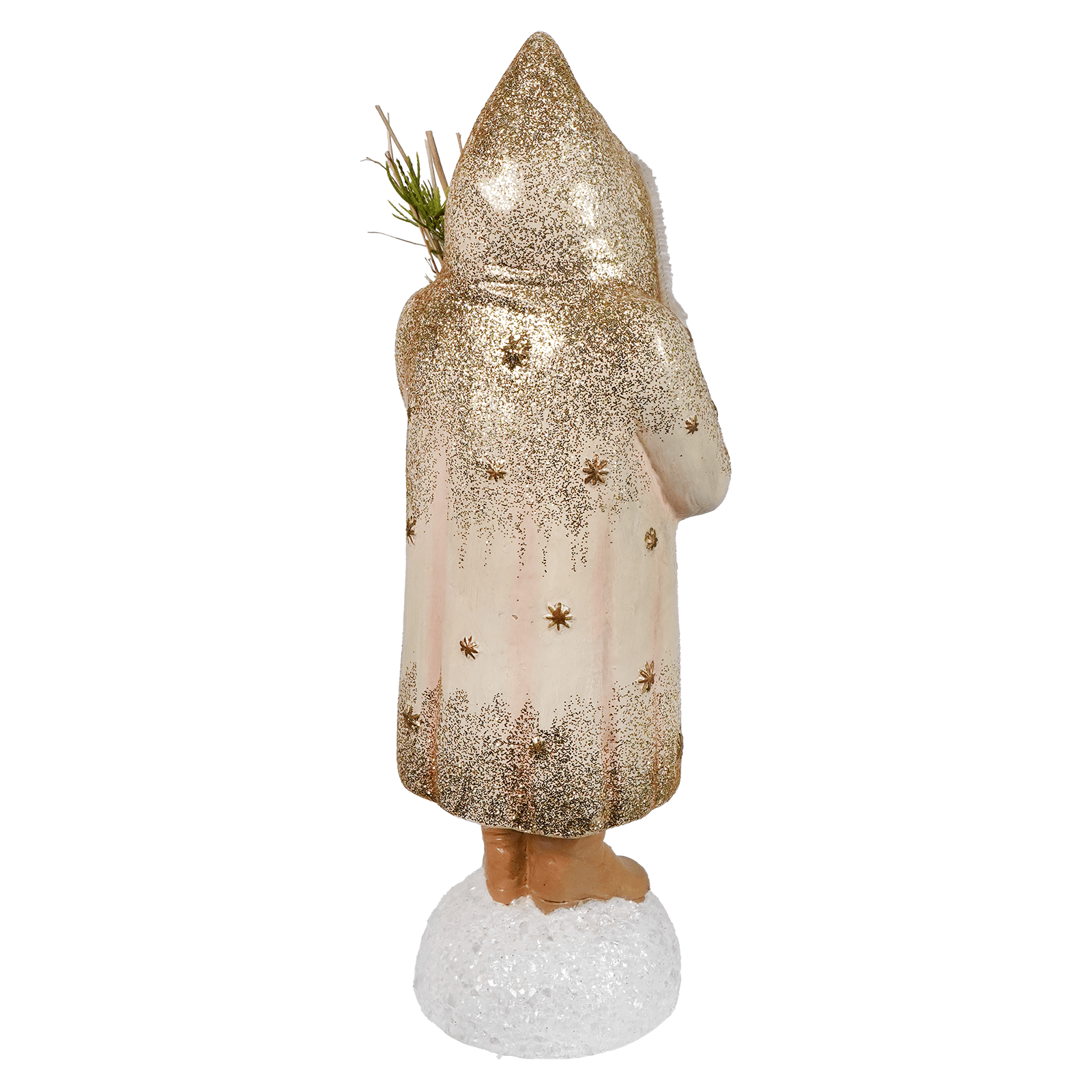 A glittery gold and cream winter blush belsnickle snowman figurine holding greenery on a textured white base by bethany lowe designs