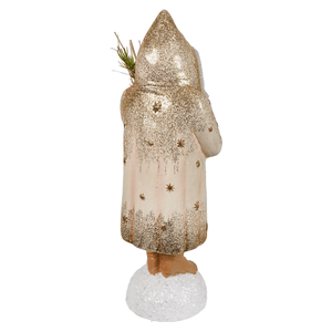 A glittery gold and cream winter blush belsnickle snowman figurine holding greenery on a textured white base by bethany lowe designs