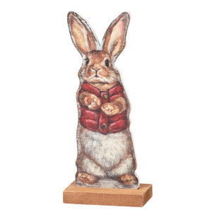 Standing rabbit figurine wearing red vest vintage easter bunny figural decor perfect for winter display
