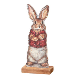 A charming wooden winter bunny stand up with a red vest on a matching base vintage easter bunny figural decor