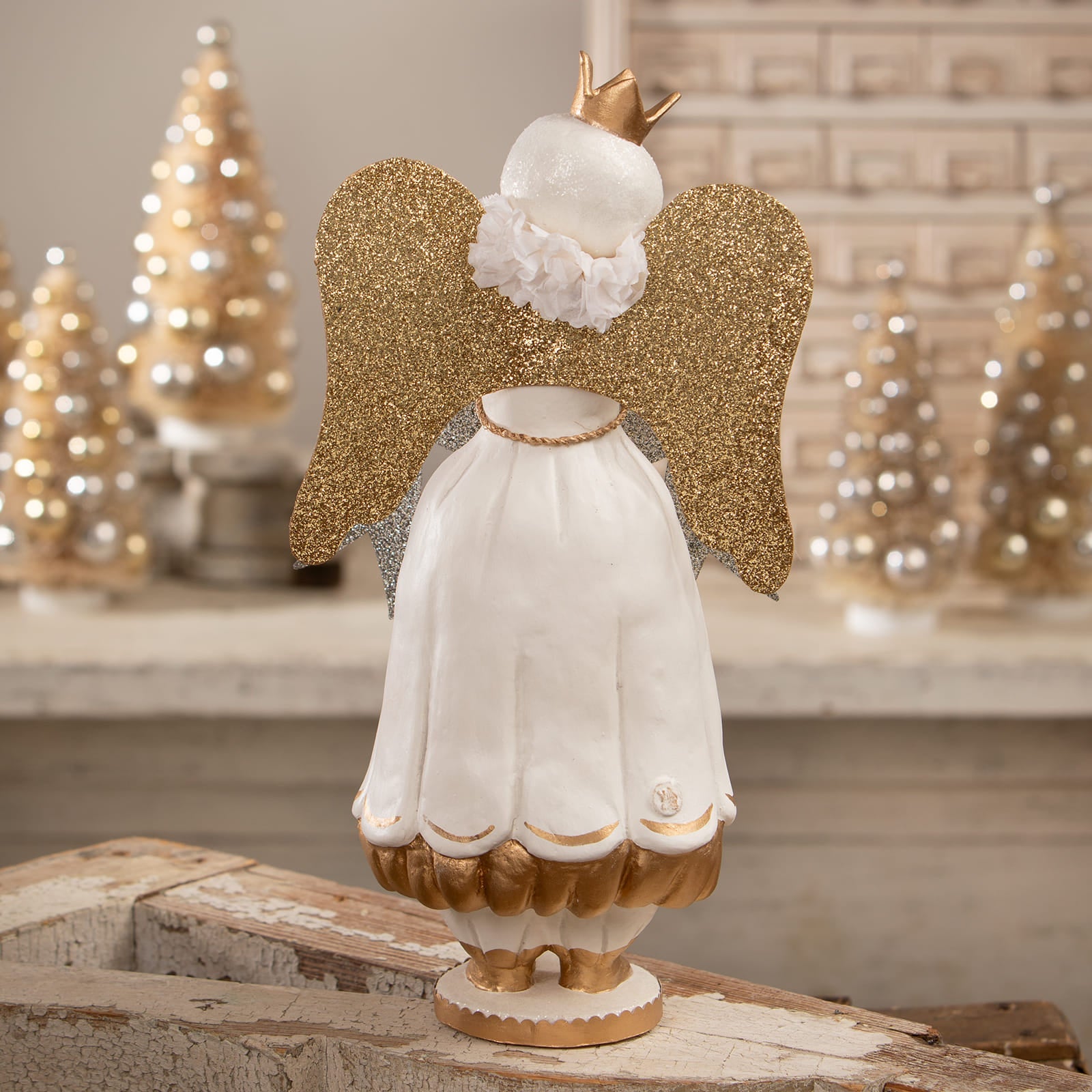 White winter snow angel figurine with glittery gold wings crown and scalloped gold-trimmed skirt for angel figures and decor