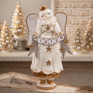 White porcelain snow angel figure with gold crown wings glittery stars and winter banner for angel figures and decor