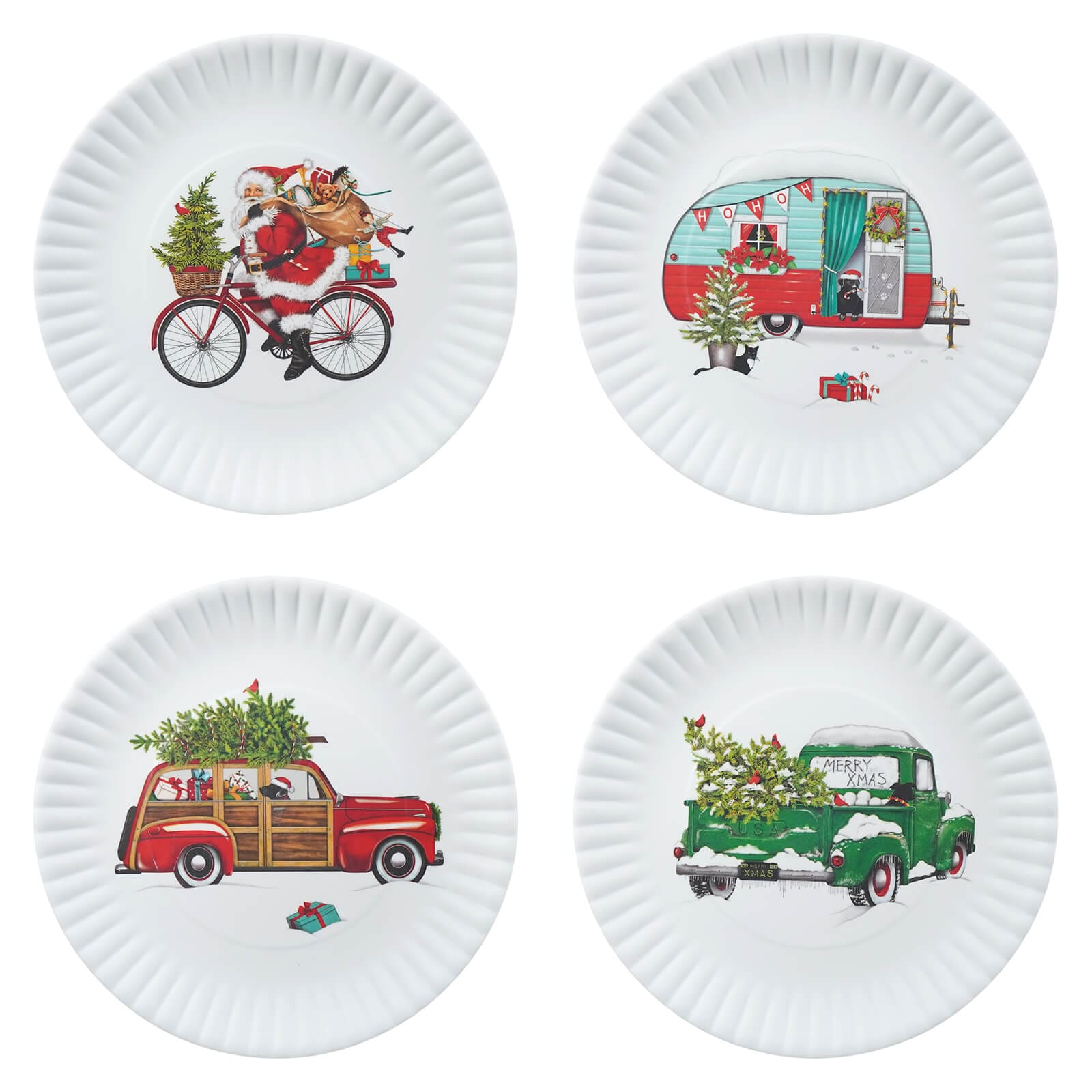 Winter Vehicle Melamine Plates Set/4 - Christmas