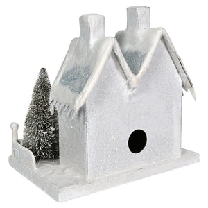 Winter White Cottage with Snowman at the Gate