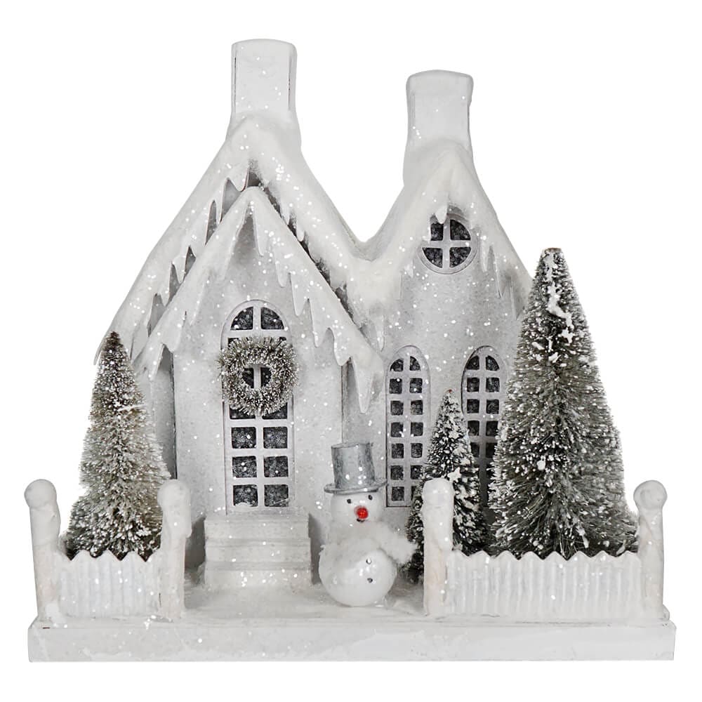 Winter White Cottage with Snowman at the Gate
