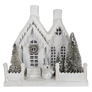 Winter White Cottage with Snowman at the Gate