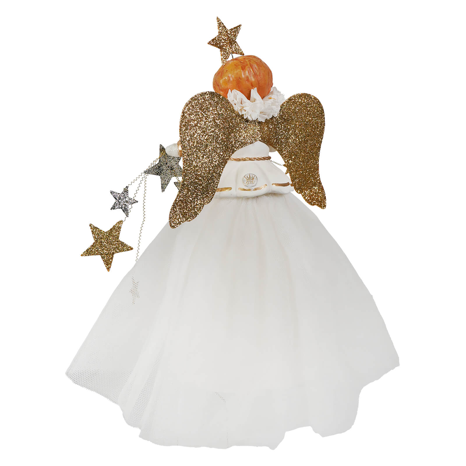 Wish angel treetopper by bethany lowe is a festive white tulle angel with glittery gold wings and star-adorned pumpkin head