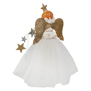 Wish angel treetopper by bethany lowe is a festive white tulle angel with glittery gold wings and star-adorned pumpkin head