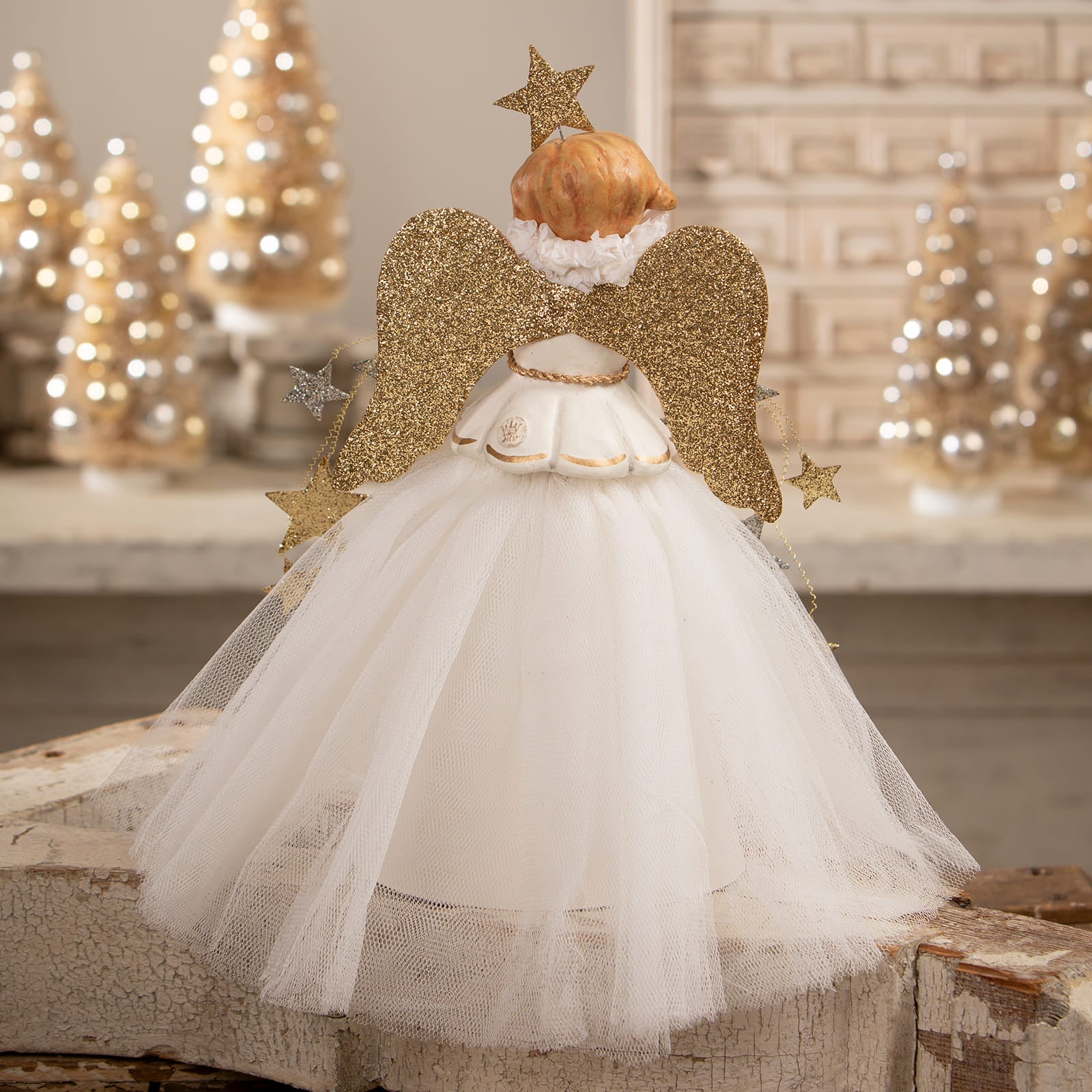 Delicate white tulle wish angel treetopper with glittery gold wings and star by bethany lowe classic angel tree toppers