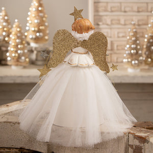 Delicate white tulle wish angel treetopper with glittery gold wings and star by bethany lowe classic angel tree toppers
