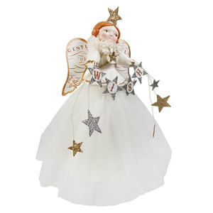 White angel figurine with orange hair gold glitter stars and tulle skirt with wish charms from bethany lowe classic angel tree toppers