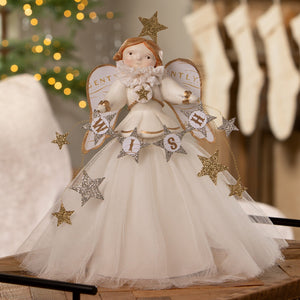 White bethany lowe wish angel treetopper with gold glitter stars and tulle skirt classic angel tree toppers decor