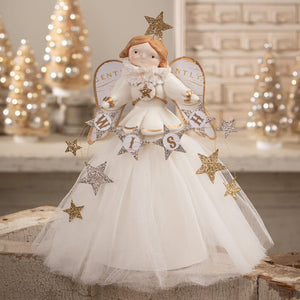 A delicate white bethany lowe wish angel treetopper with gold glitter star wings and tulle skirt perfect for classic angel decor