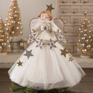 White bethany lowe wish angel treetopper with gold glitter accents and tulle skirt classic christmas tree toppers angels