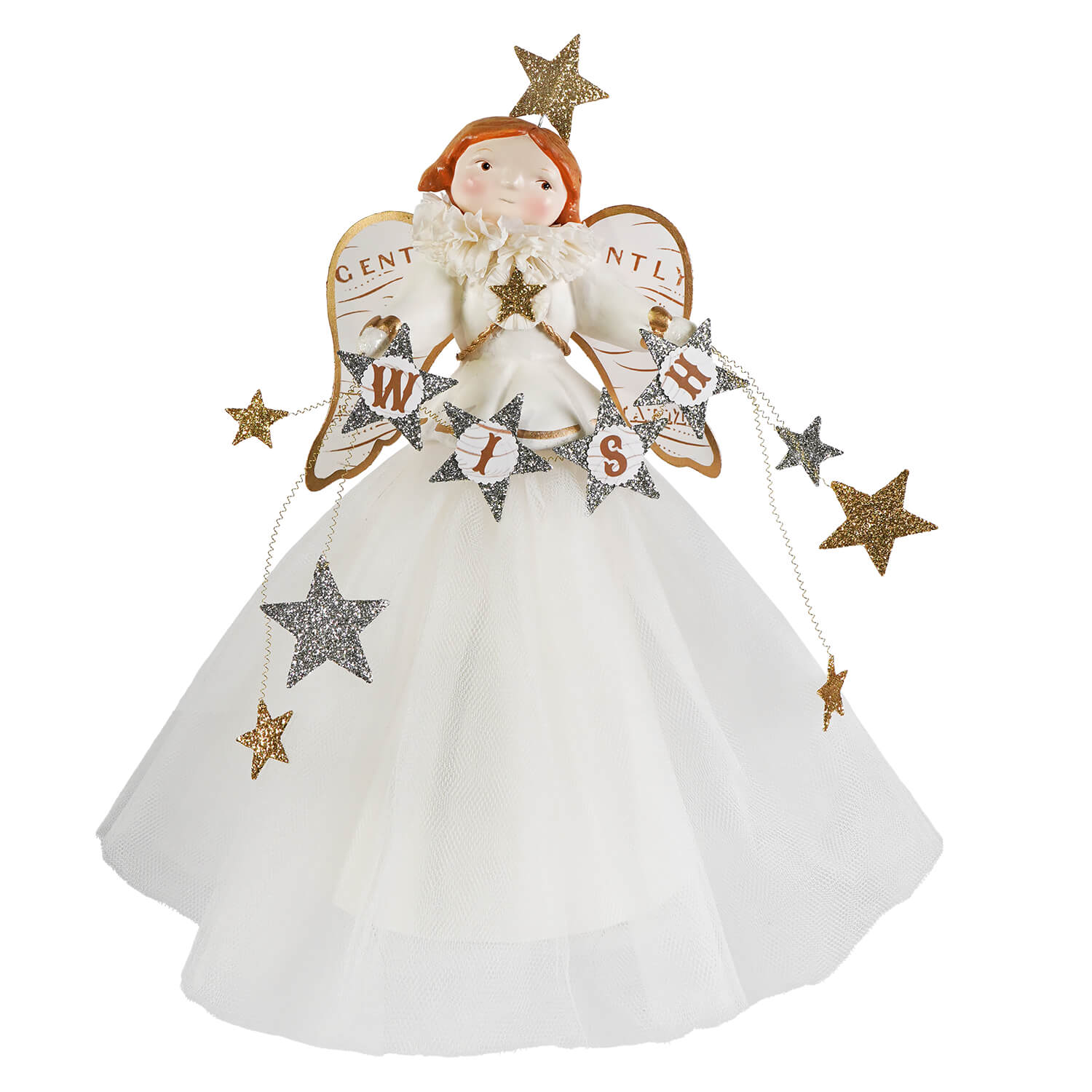 Wish angel treetopper by bethany lowe with white tulle, orange hair, glitter stars, and wish banner classic angel tree toppers