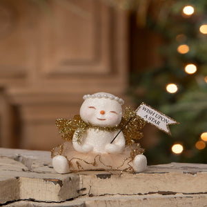 White ceramic star snow angel figurine by bethany lowe designs with gold wings and pearl headband holding wish upon a star flag