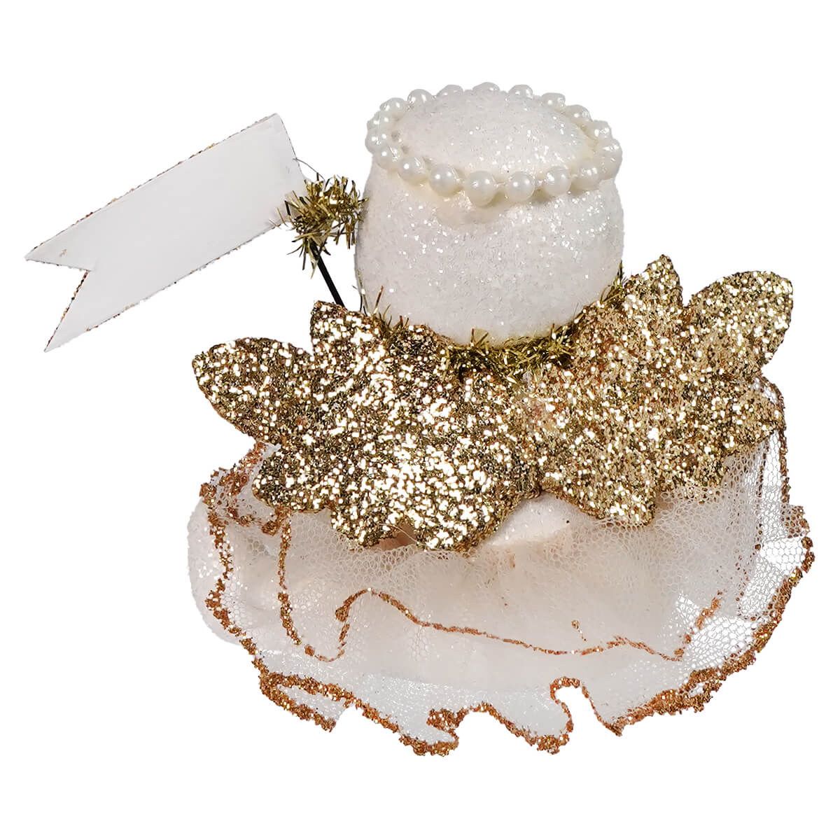 White glittery cake ornament with gold sequined leaves and pearl trim from bethany lowe designs star snow angel decor
