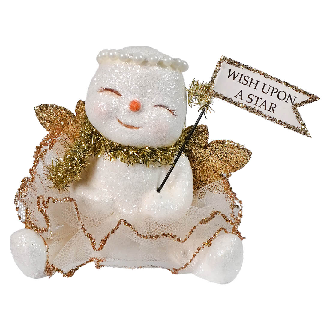 A glittery white bethany lowe designs star snow angel figurine with gold tinsel wings holding a wish upon a star banner