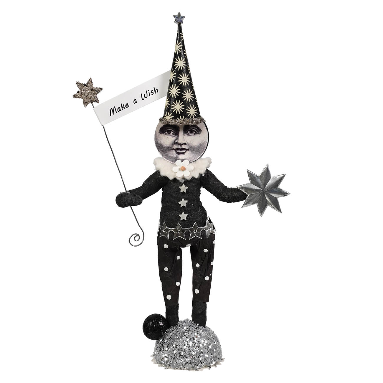 Whimsical cotton illusion moon man figure with black silver moon face star hat and glittery make a wish wand