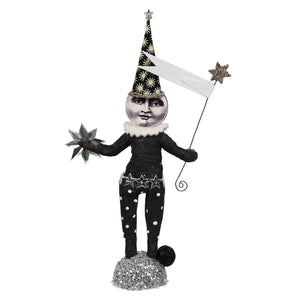 Whimsical spun cotton illusion moon man figure in black and silver with polka dots holding a star-topped flagpole