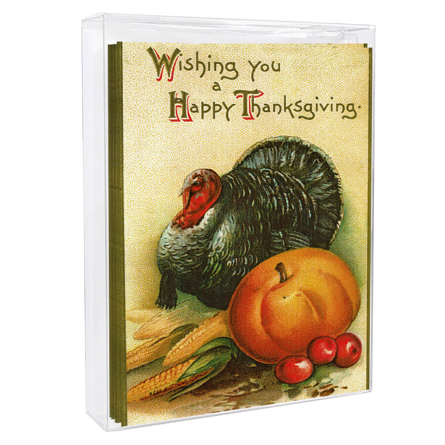 Vintage Thanksgiving greeting card featuring a turkey and harvest produce.