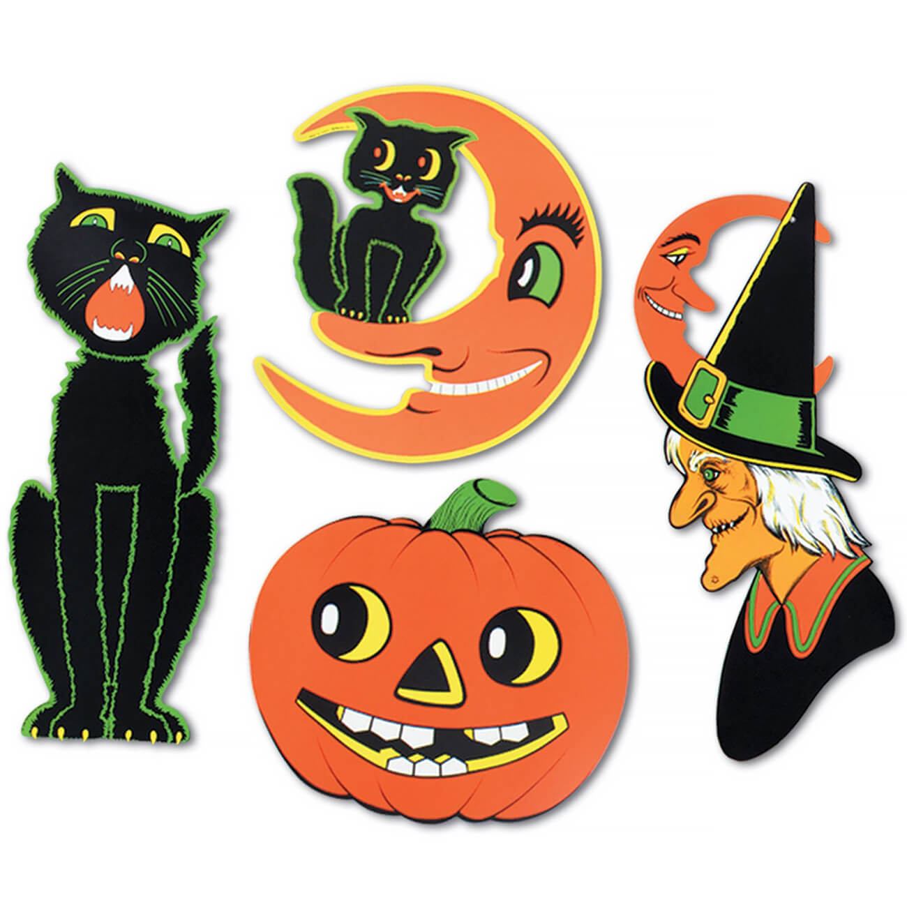 Witch Black Cat Jack-O’-Lantern & Cat On Moon Halloween Cutouts Set/4 - Halloween