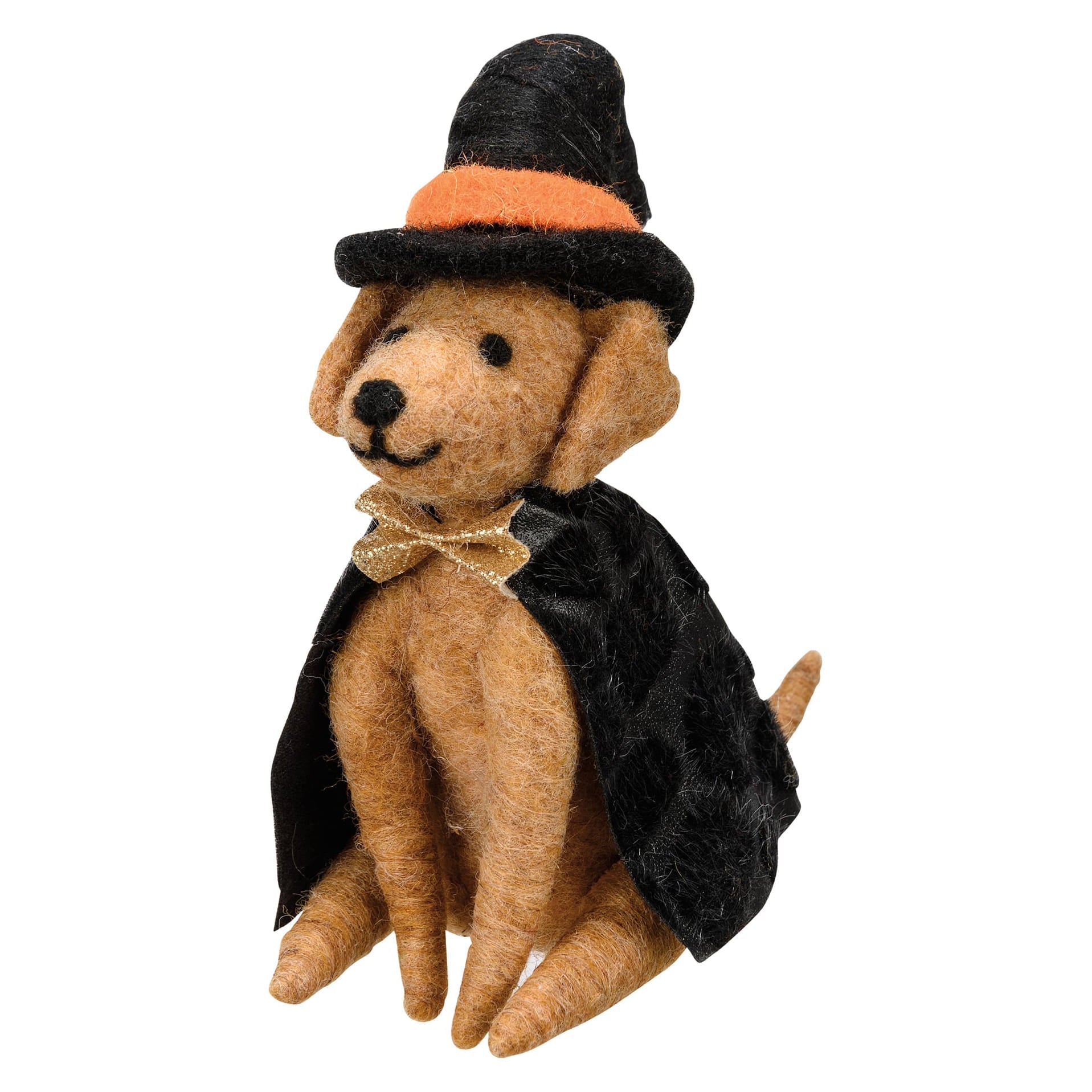 A tan felt witch dog critter from kathys halloween collection wearing a black velvet cape and orange witch hat