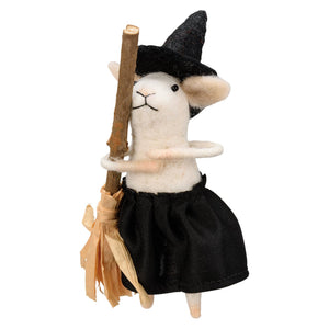 White felt witch mouse critter wearing black hat and skirt holding rustic broom from kathy’s halloween collection