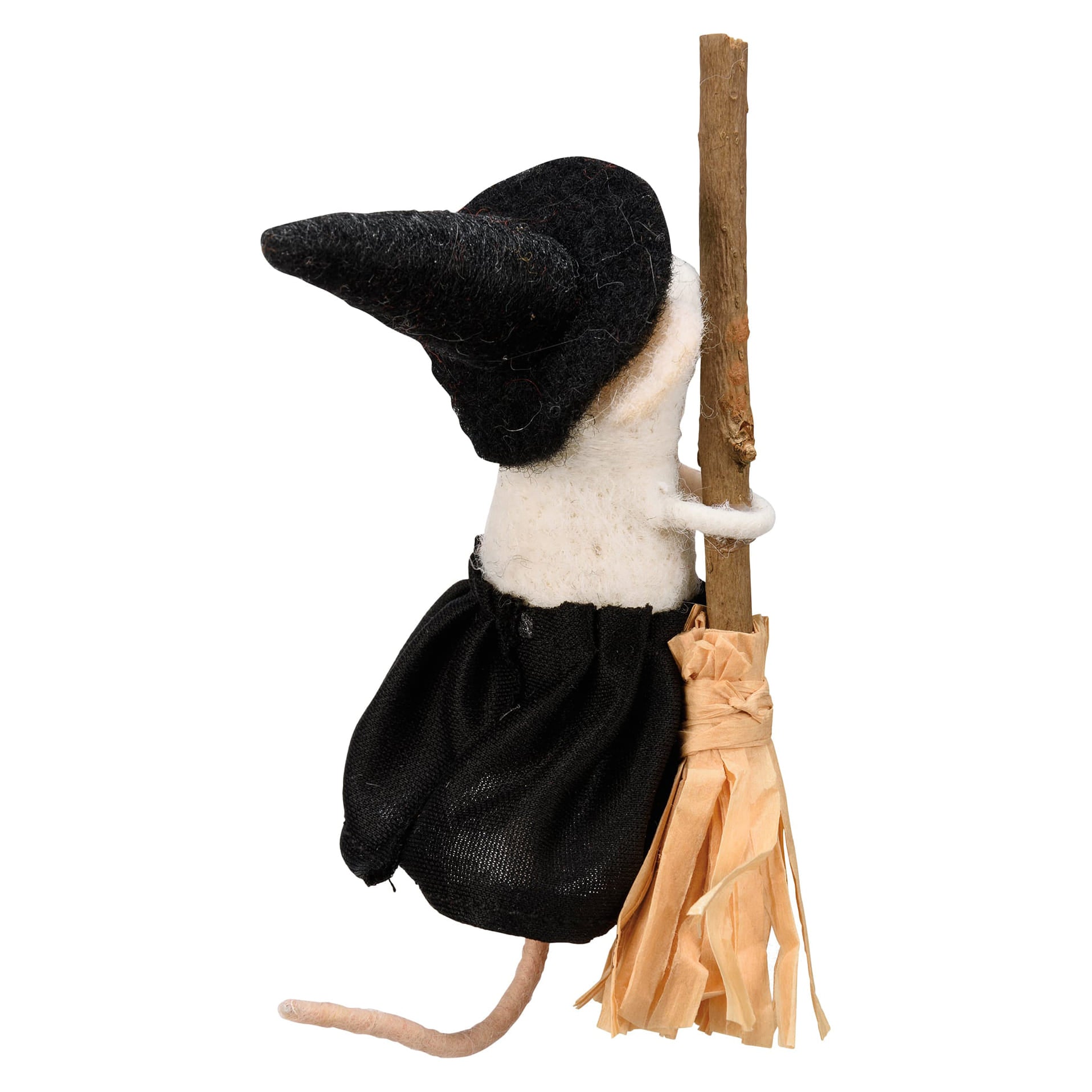 A needle-felted witch mouse critter in black hat and skirt holding a broomstick from kathy’s halloween collection