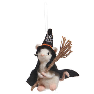 Felted white mouse ornament wearing witch hat and black cape holding broom perfect for halloween decorations and ornaments