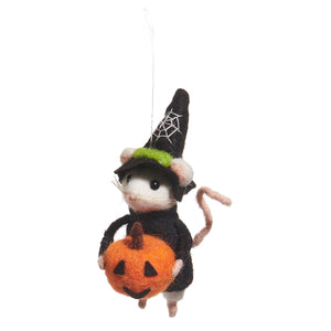 Felted halloween mouse ornament dressed as a witch holding a jack-o-lantern perfect for halloween decorations and ornaments