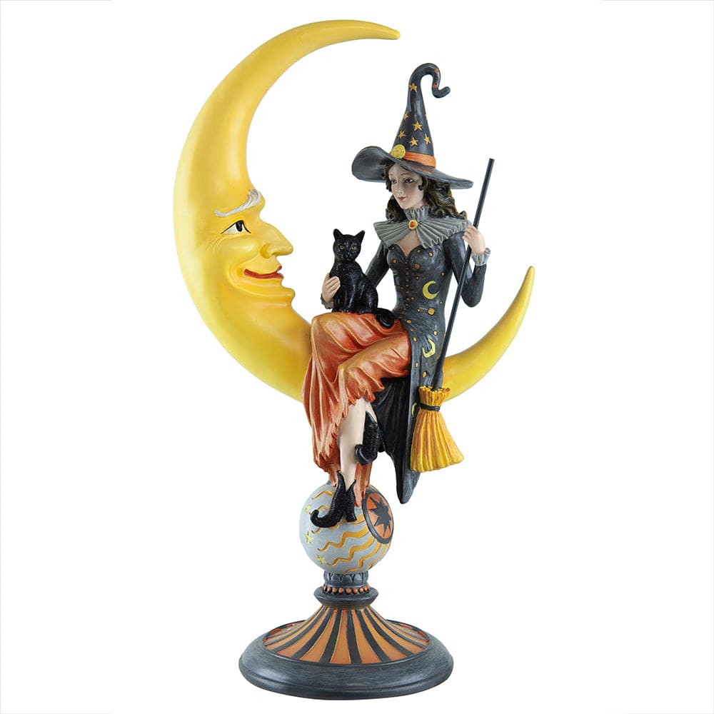 Witch Sitting Upon Crescent Moon Holding Black Cat - Halloween