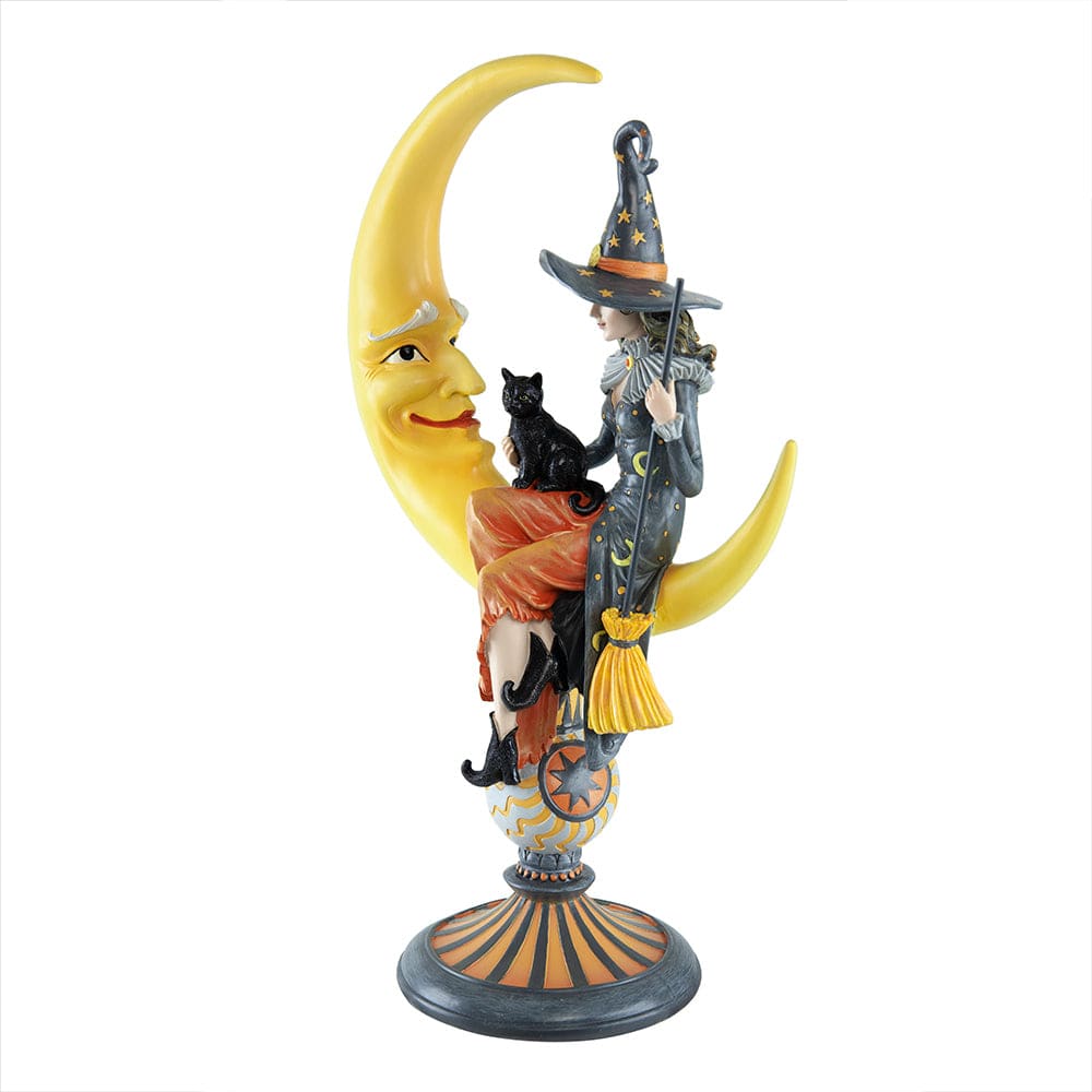 Witch Sitting Upon Crescent Moon Holding Black Cat - Halloween