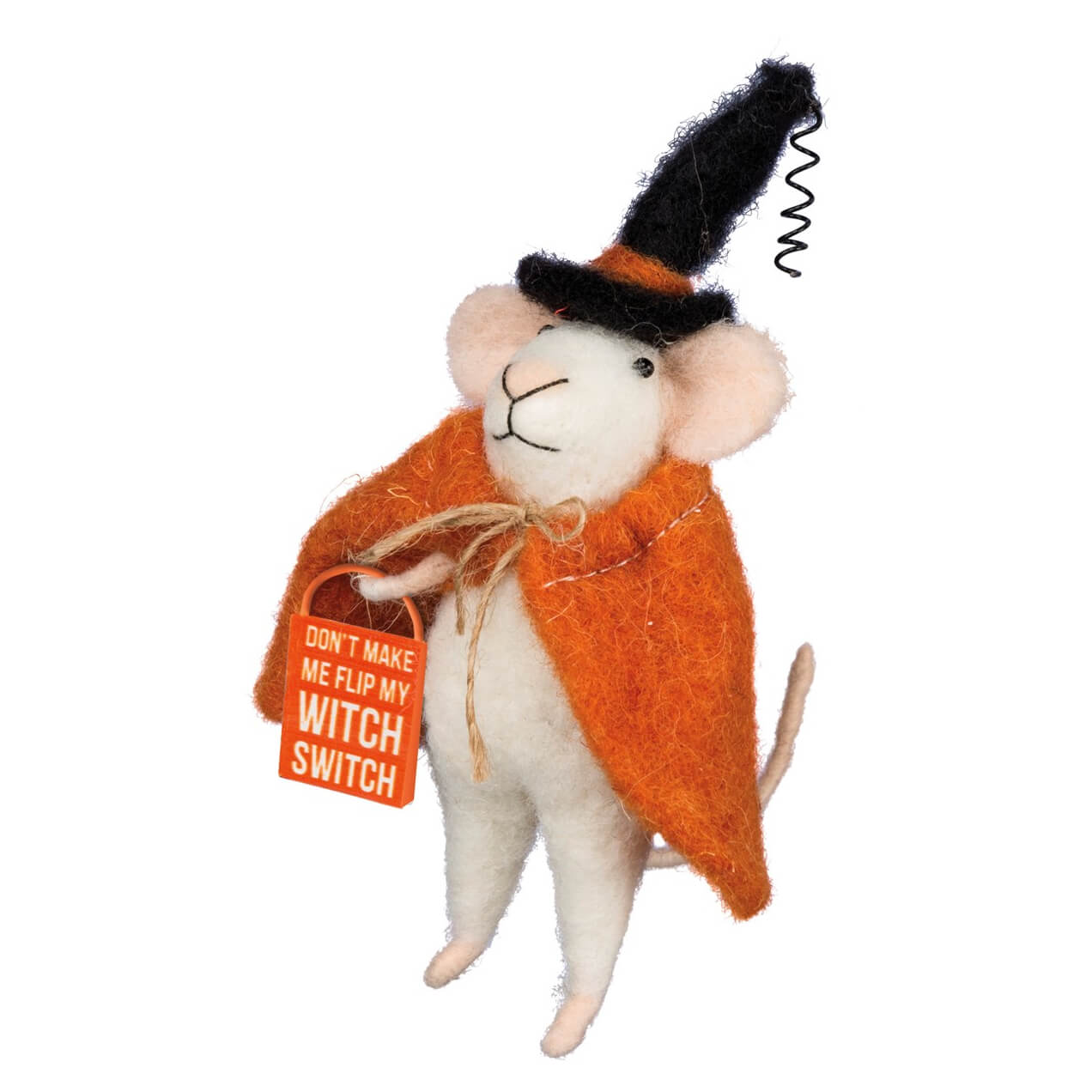 A white felt switch mouse critter wearing an orange wool cape and black witch hat holding a witch switch sign