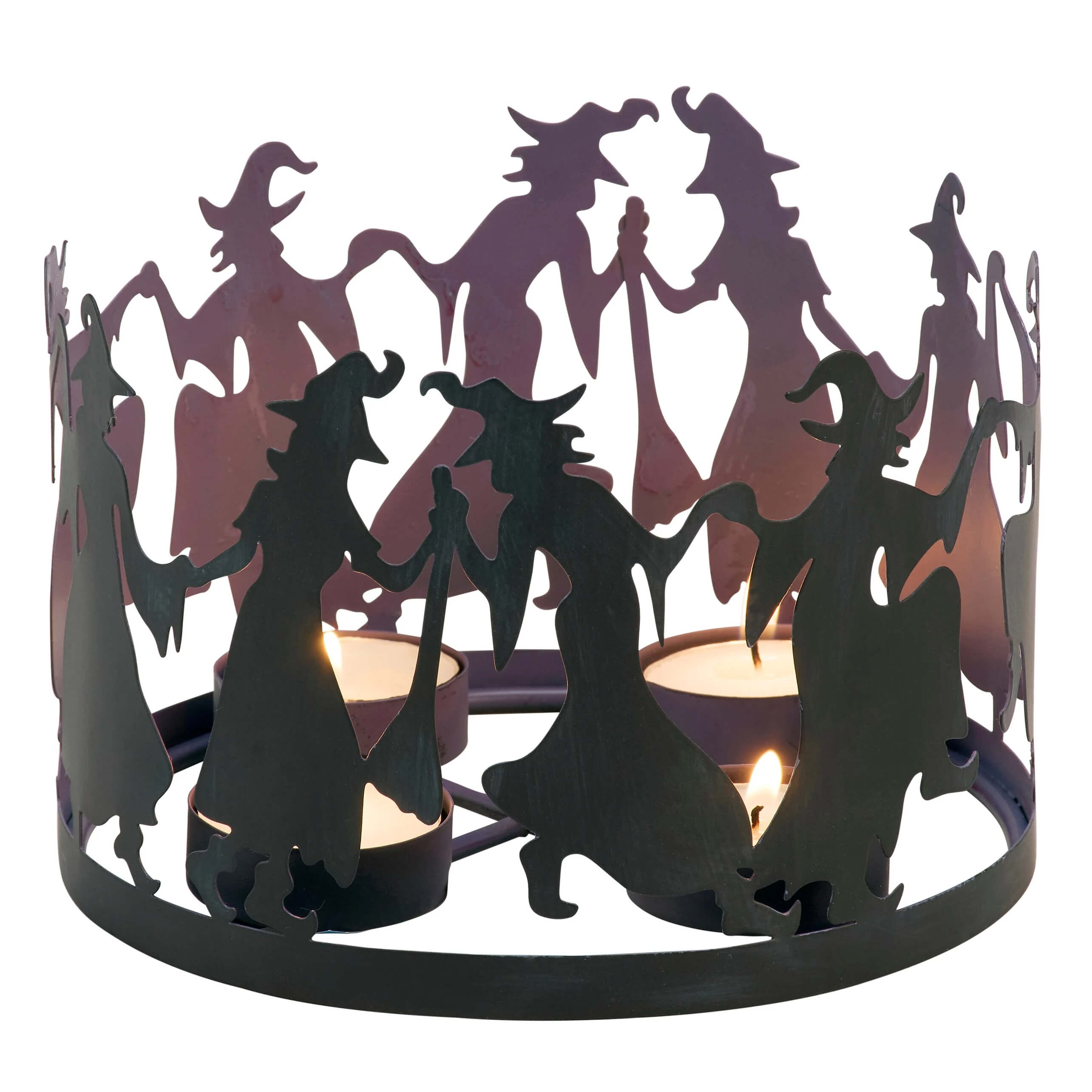 Black metal witches circle candle holder with three lit tealight candles from kathys halloween collection seasonal candle holder