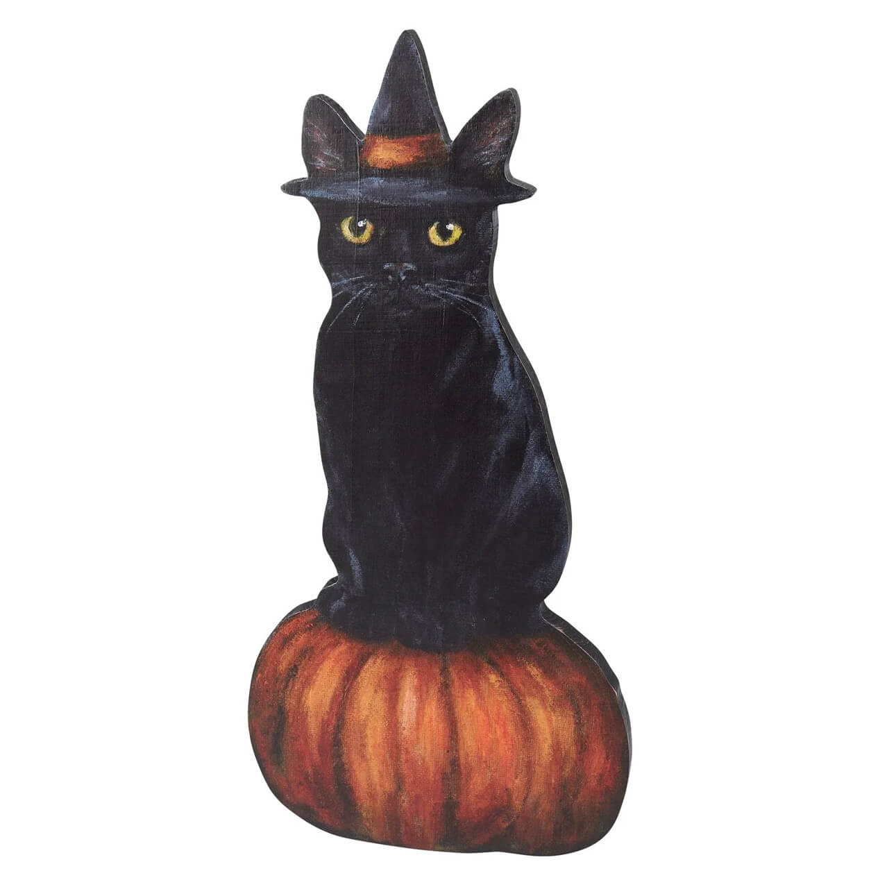 Black cat wearing a witch’s hat sitting on a pumpkin.