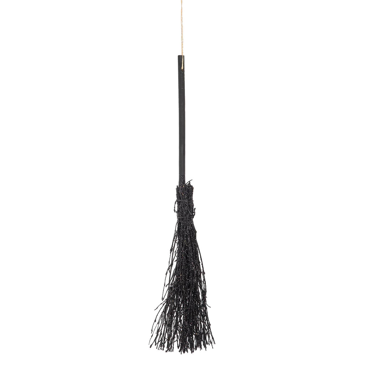 Witchy black glitter broom showing black glitter bristles and wooden handle, perfect as a witch broom decor