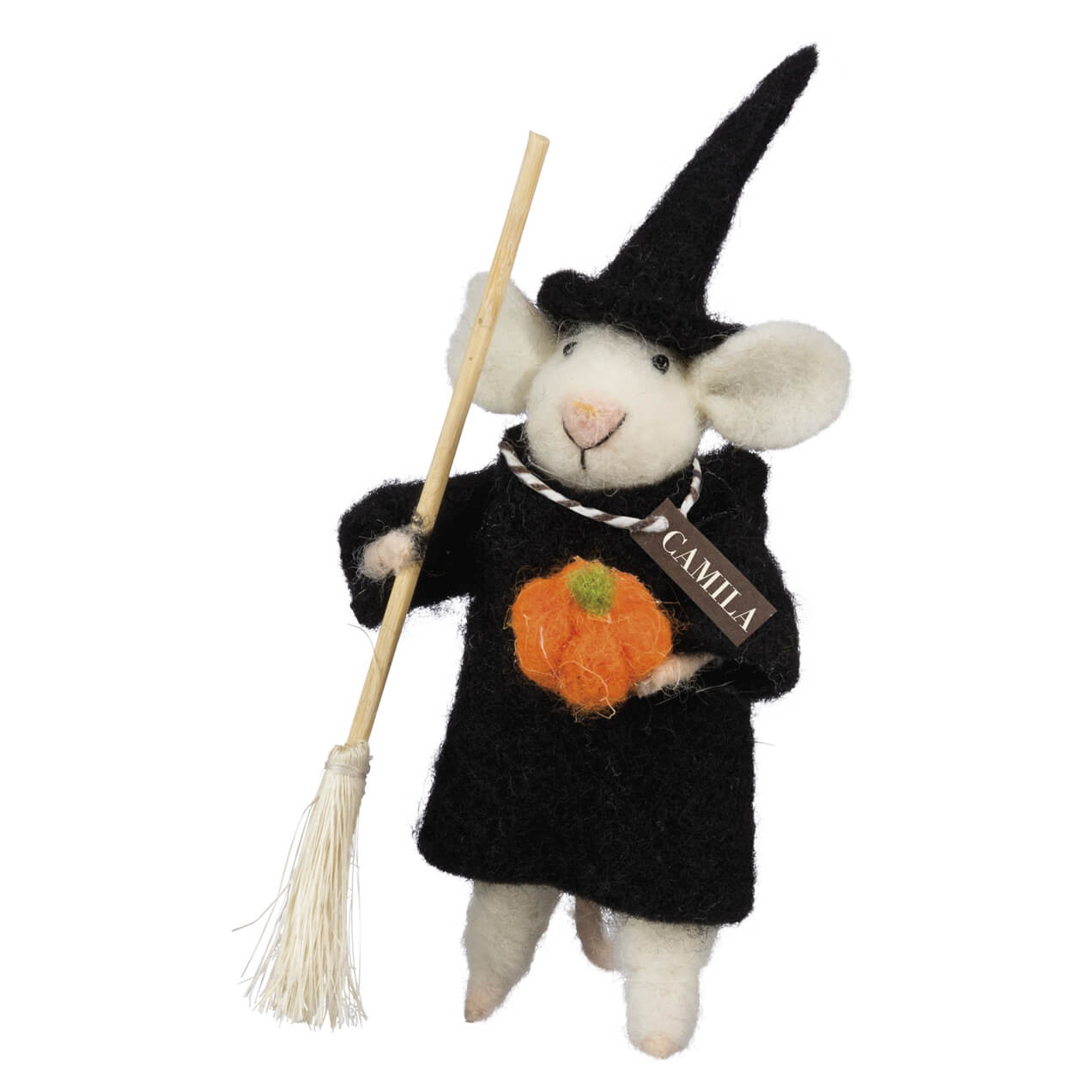A black felt witchy mouse critter camila ornament with white fur holding a broom and orange pumpkin
