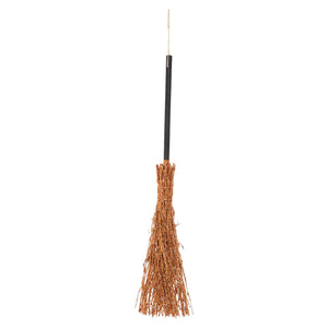 Witchy orange glitter broom with brown bristles and black handle perfect as a halloween broom or witch broom
