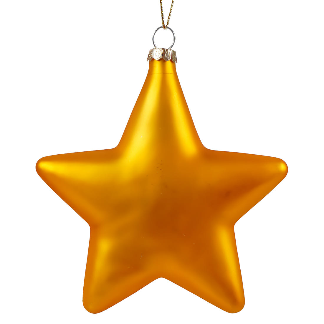 A glossy gold wonderment star glass ornament with a metallic cap and hanging loop for christmas decor