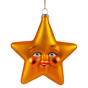 Golden wonderment star glass ornament with smiling face blue eyes and red lips perfect for holiday decor