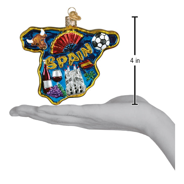 Blue glass wonders of spain ornament with gold trim figural decor featuring iconic symbols perfect for tree toppers
