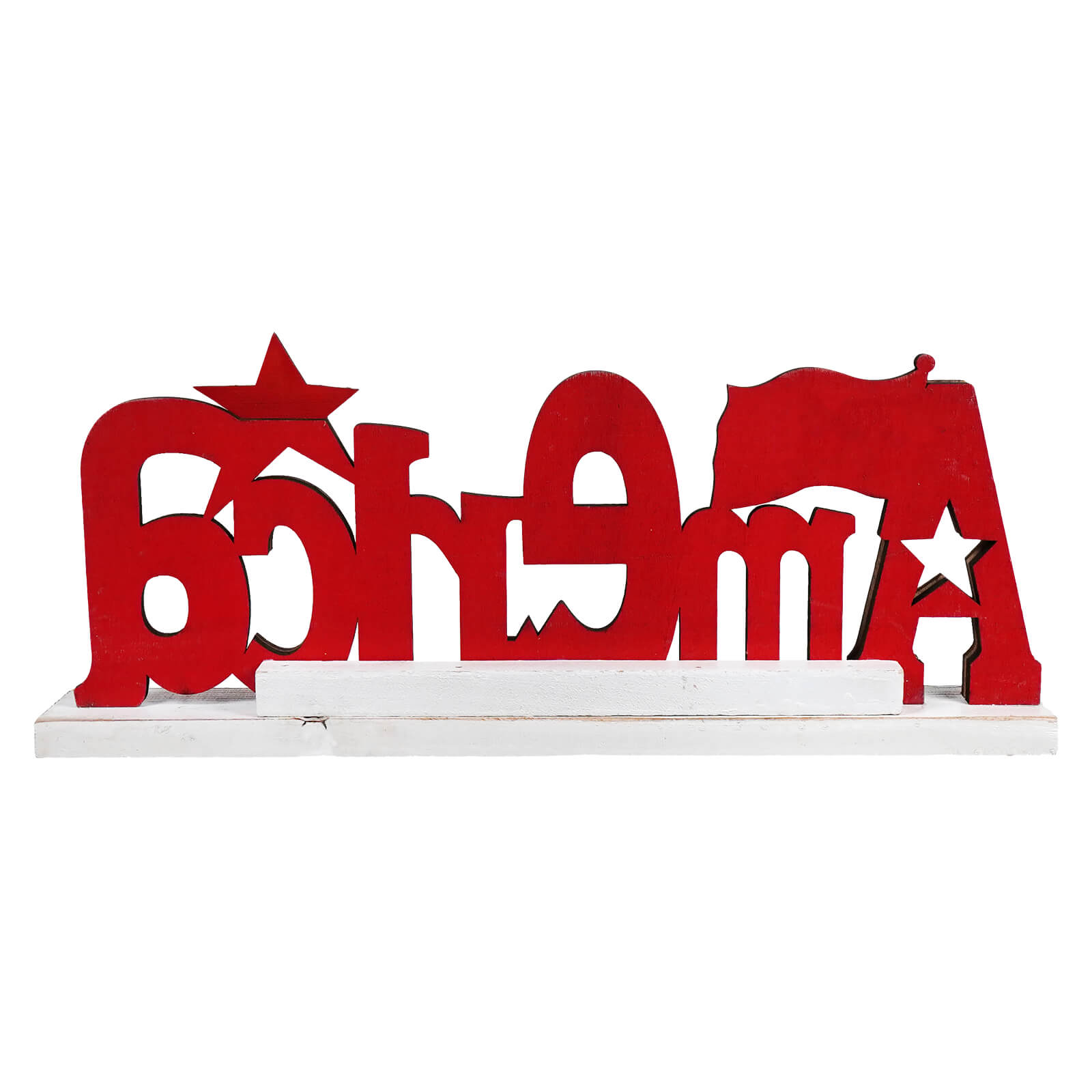 Red decorative text sculpture with stars on a white base.