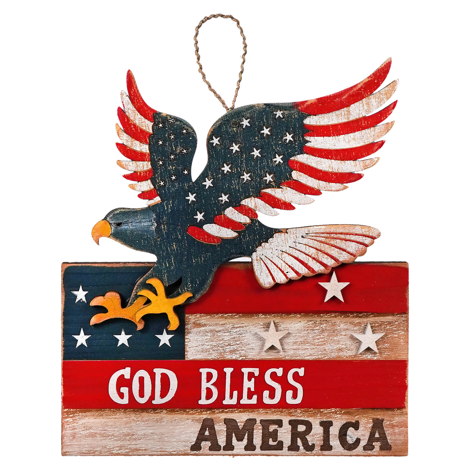 Patriotic wooden wall decoration featuring an American eagle and flag design with ’God Bless America’ text.