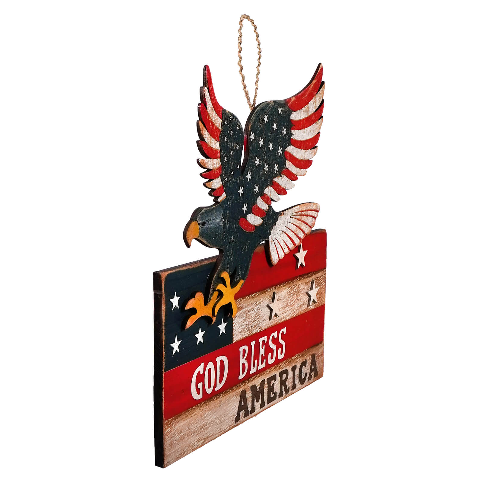 Patriotic wooden wall decoration featuring an eagle and ’God Bless America’ text with American flag design elements.