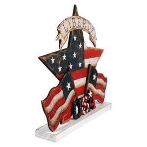 Wooden patriotic decoration featuring an American flag design with ’Liberty’ banner and stars.