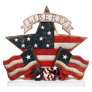 Patriotic American-themed wooden star decoration with ’Liberty’ banner and flag elements.