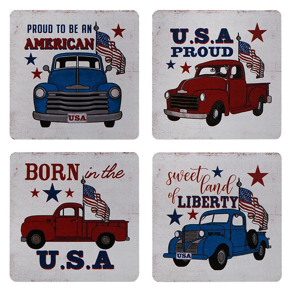 Wood Americana Truck Coasters In Wood Tray Set/4